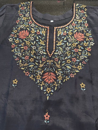 Women's Black muslin silk with full neck embroidery in M
