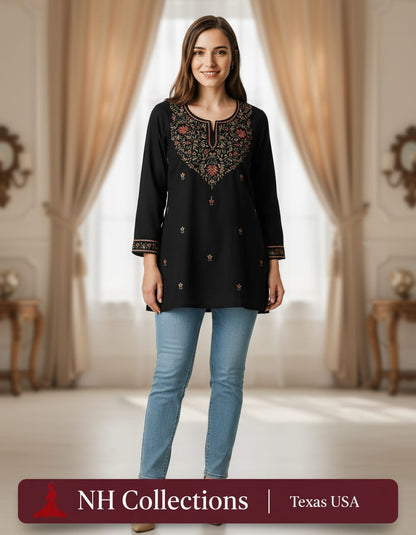 Women's Black muslin silk with full neck embroidery in M