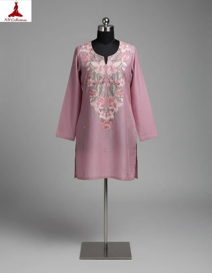 Women's Rose pink with floral thread embroidery on neck in M