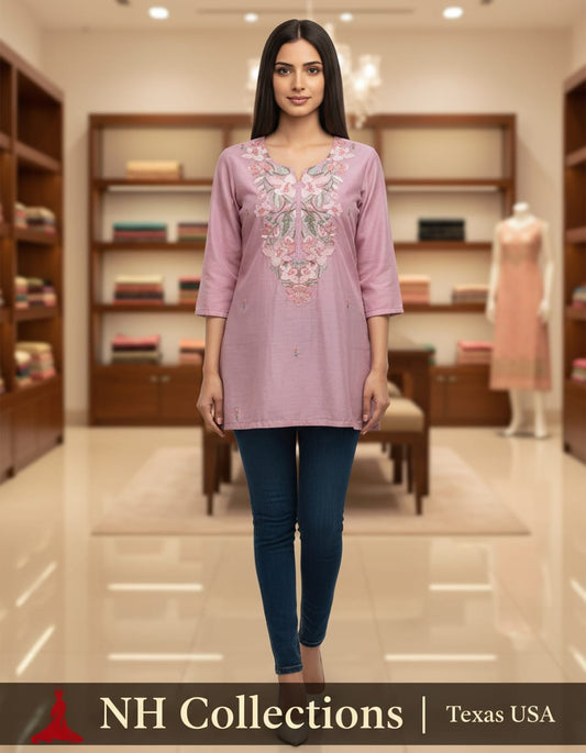 Women's Rose pink with floral thread embroidery on neck in M