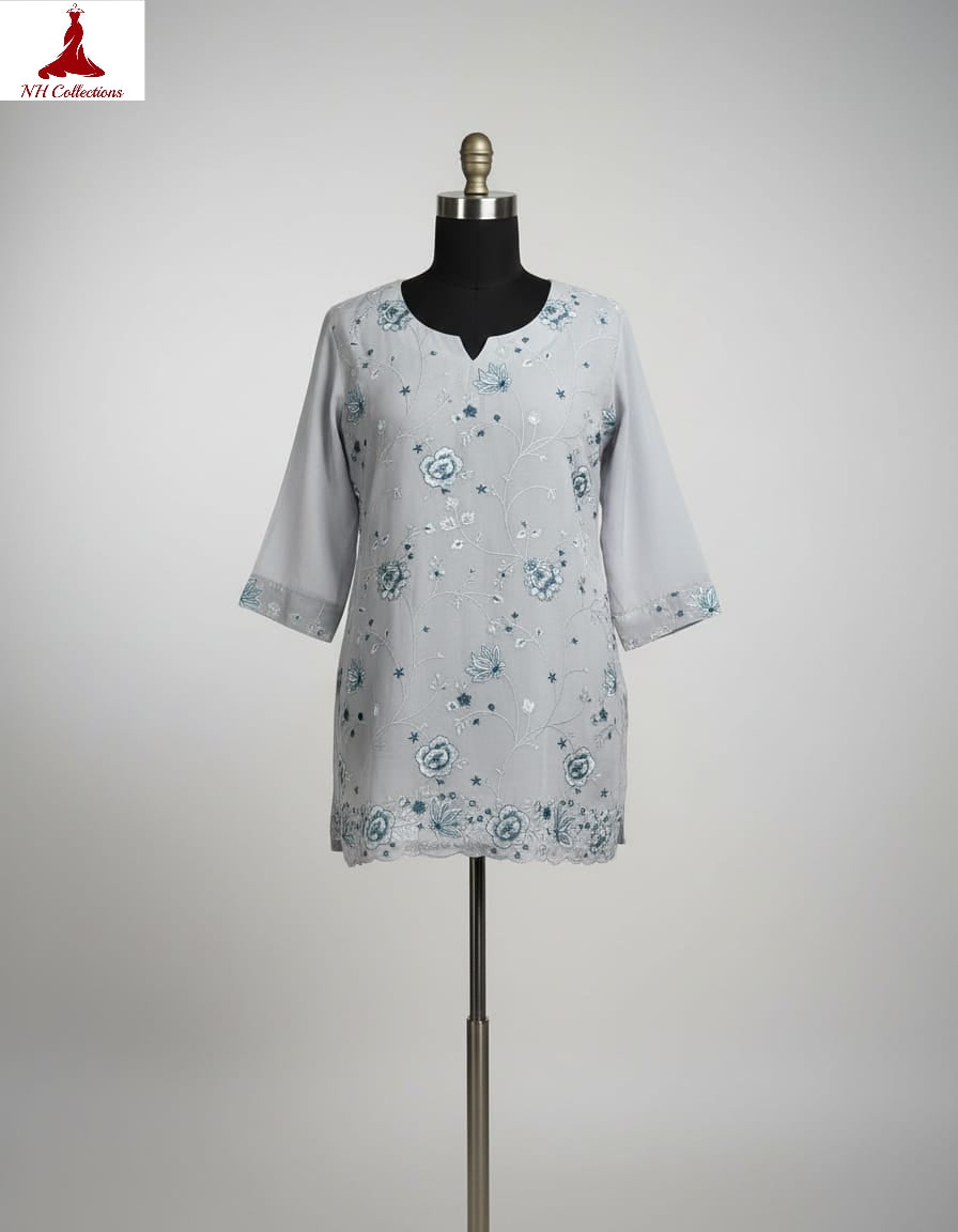 Women's Steel grey crepe top with floral embroidery in M
