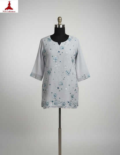 Women's Steel grey crepe top with floral embroidery in M