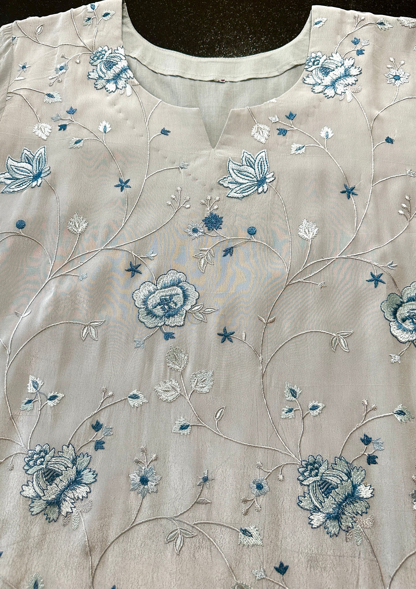 Women's Steel grey crepe top with floral embroidery in M