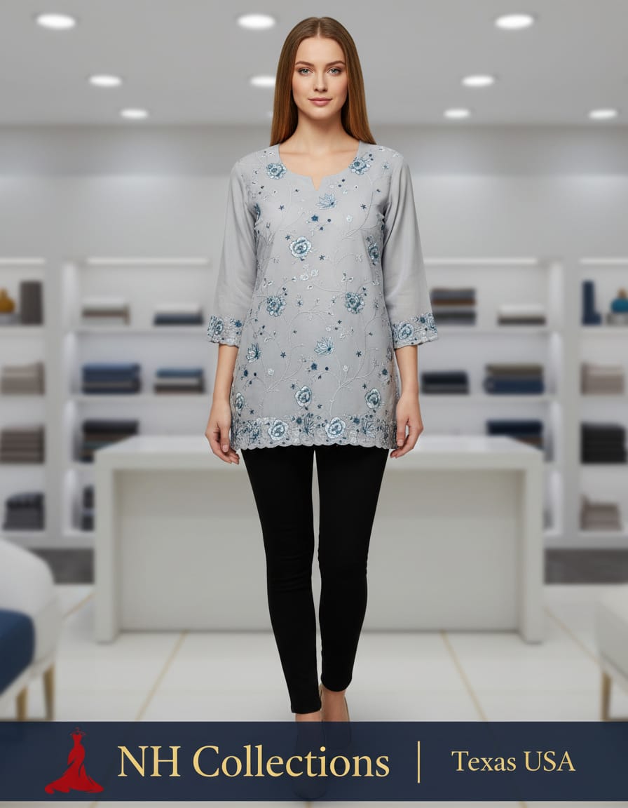Women's Steel grey crepe top with floral embroidery in M