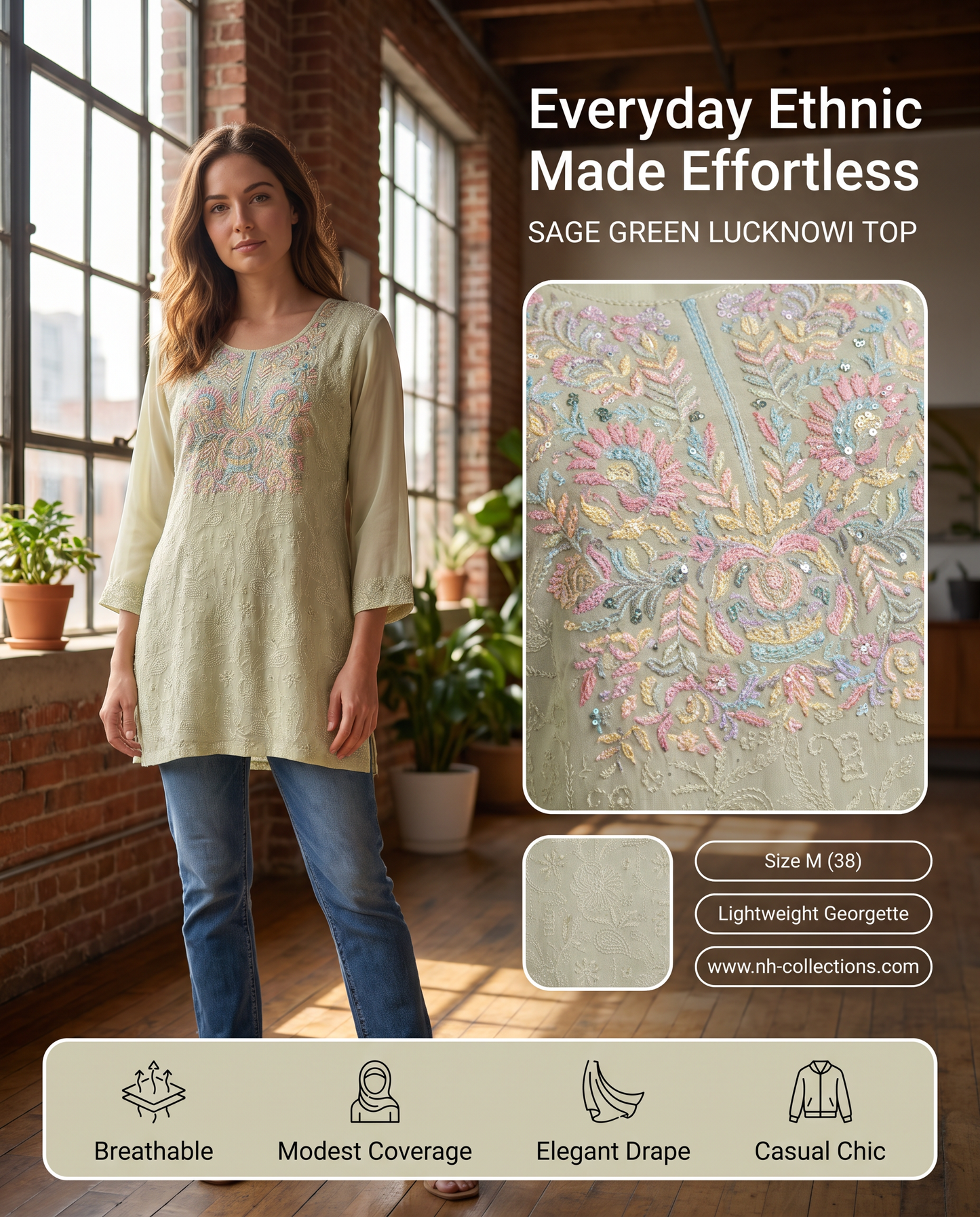Women's Sage green georgette top with lucknowi embroidery in M