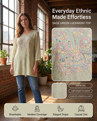 Women's Sage green georgette top with lucknowi embroidery in M