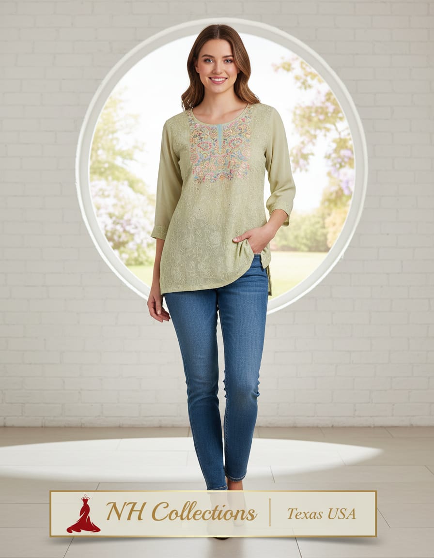 Women's Sage green georgette top with lucknowi embroidery in M