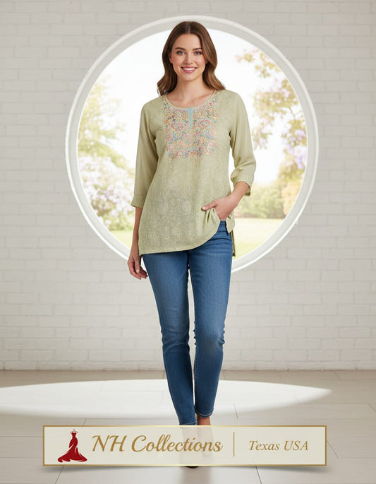 Women's Sage green georgette top with lucknowi embroidery in M