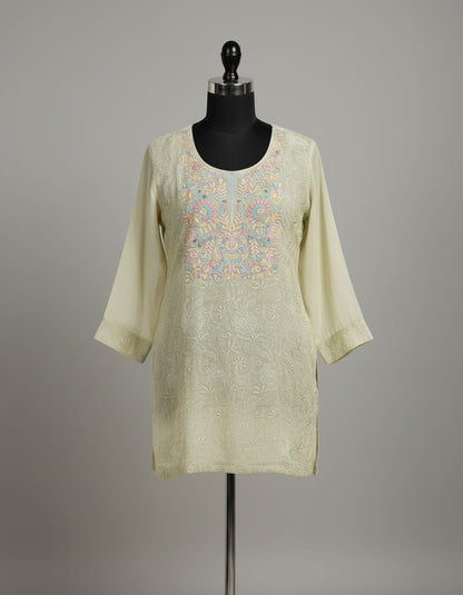 Women's Sage green georgette top with lucknowi embroidery in M