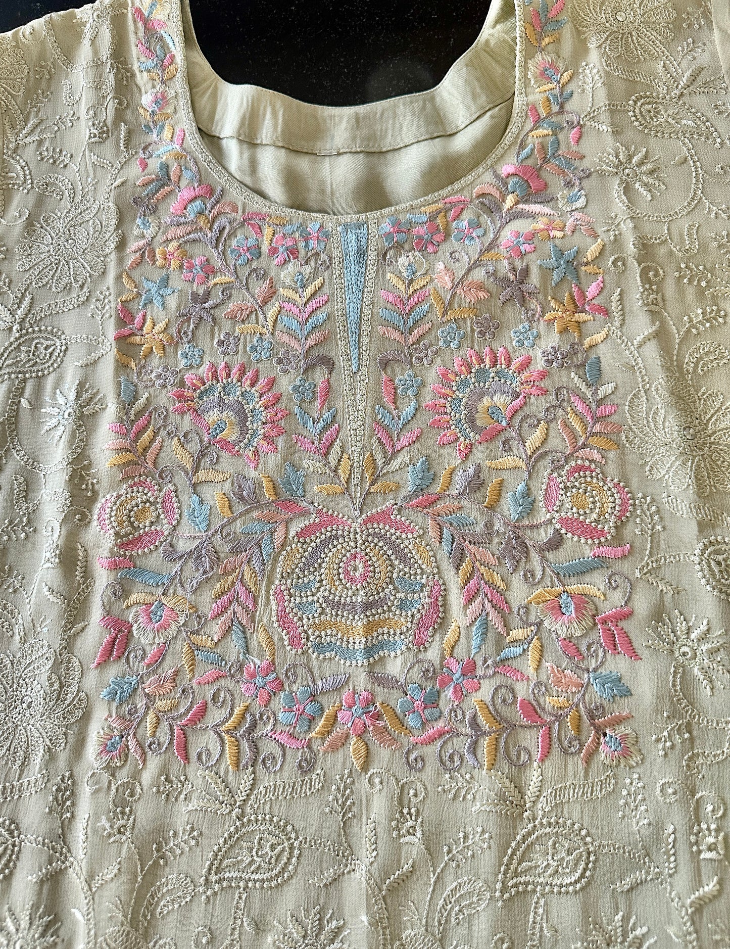 Women's Sage green georgette top with lucknowi embroidery in M
