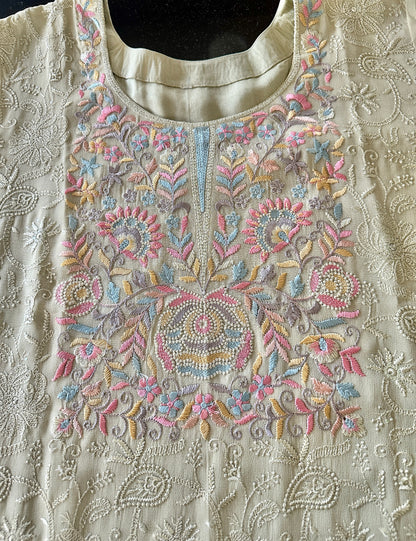 Women's Sage green georgette top with lucknowi embroidery in M