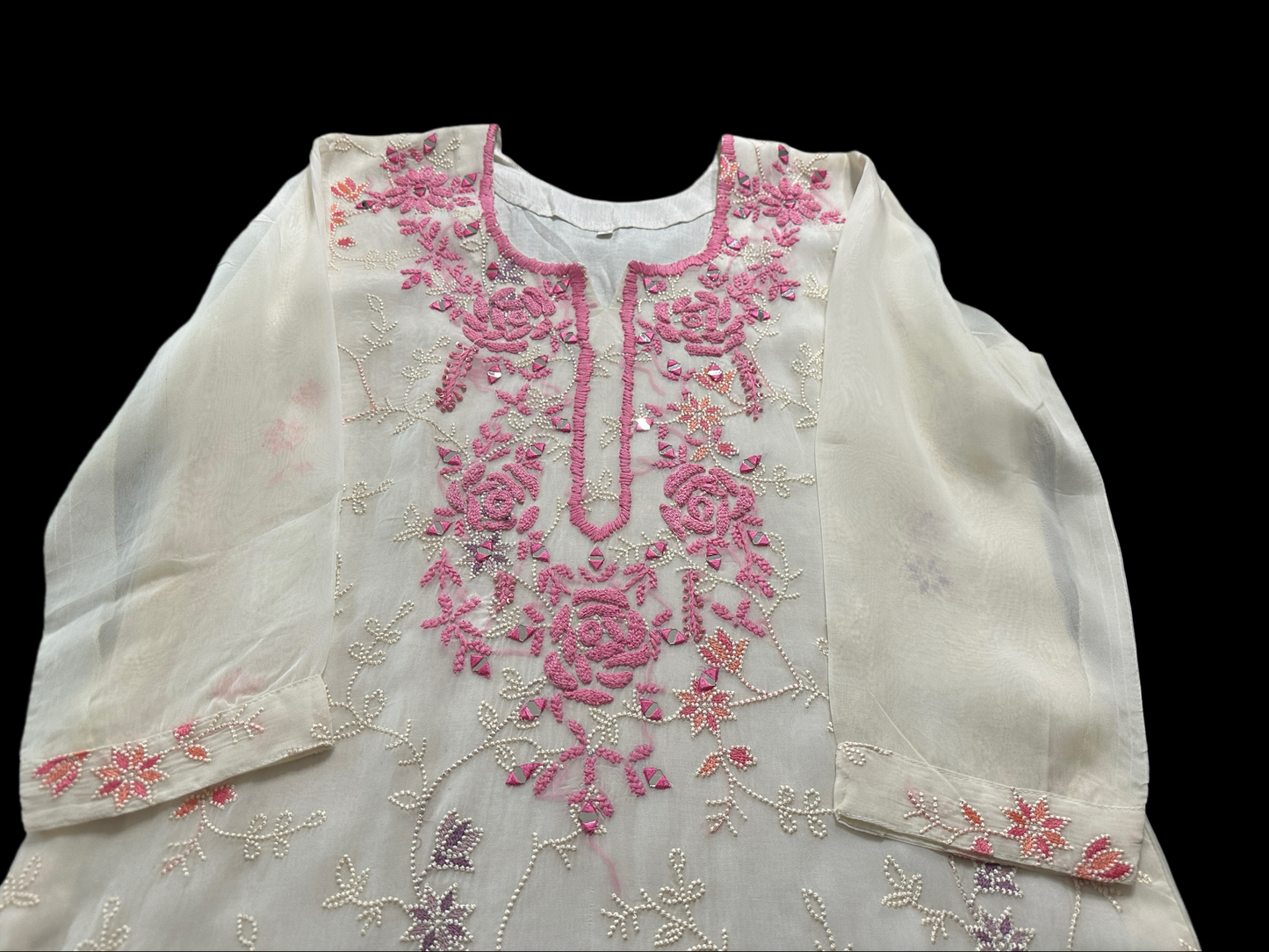 Milky white georgette with pink embroidery and mirrors in XL