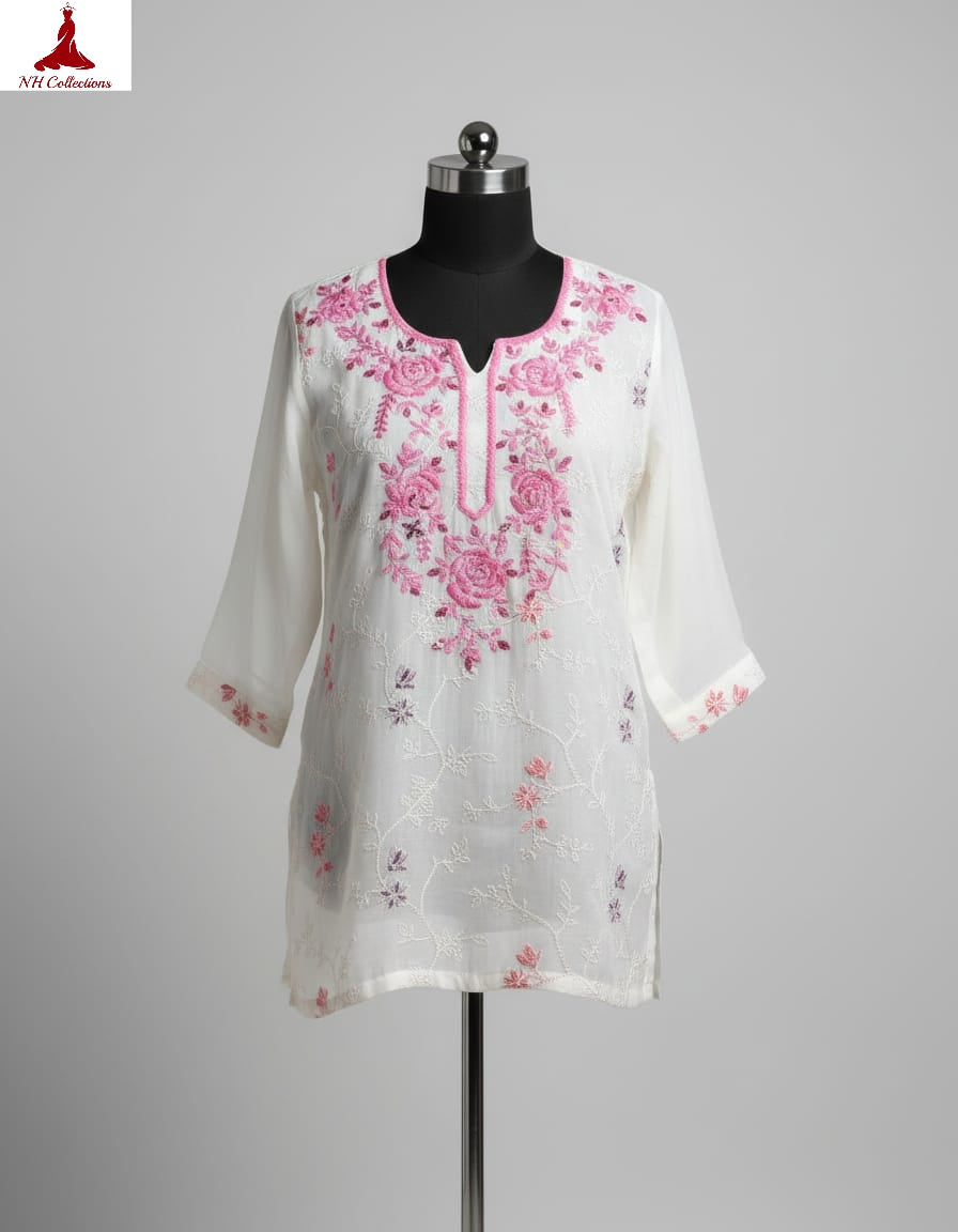 Milky white georgette with pink embroidery and mirrors in XL
