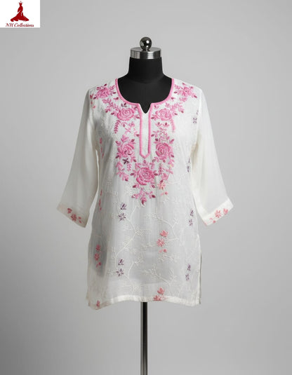 Milky white georgette with pink embroidery and mirrors in XL