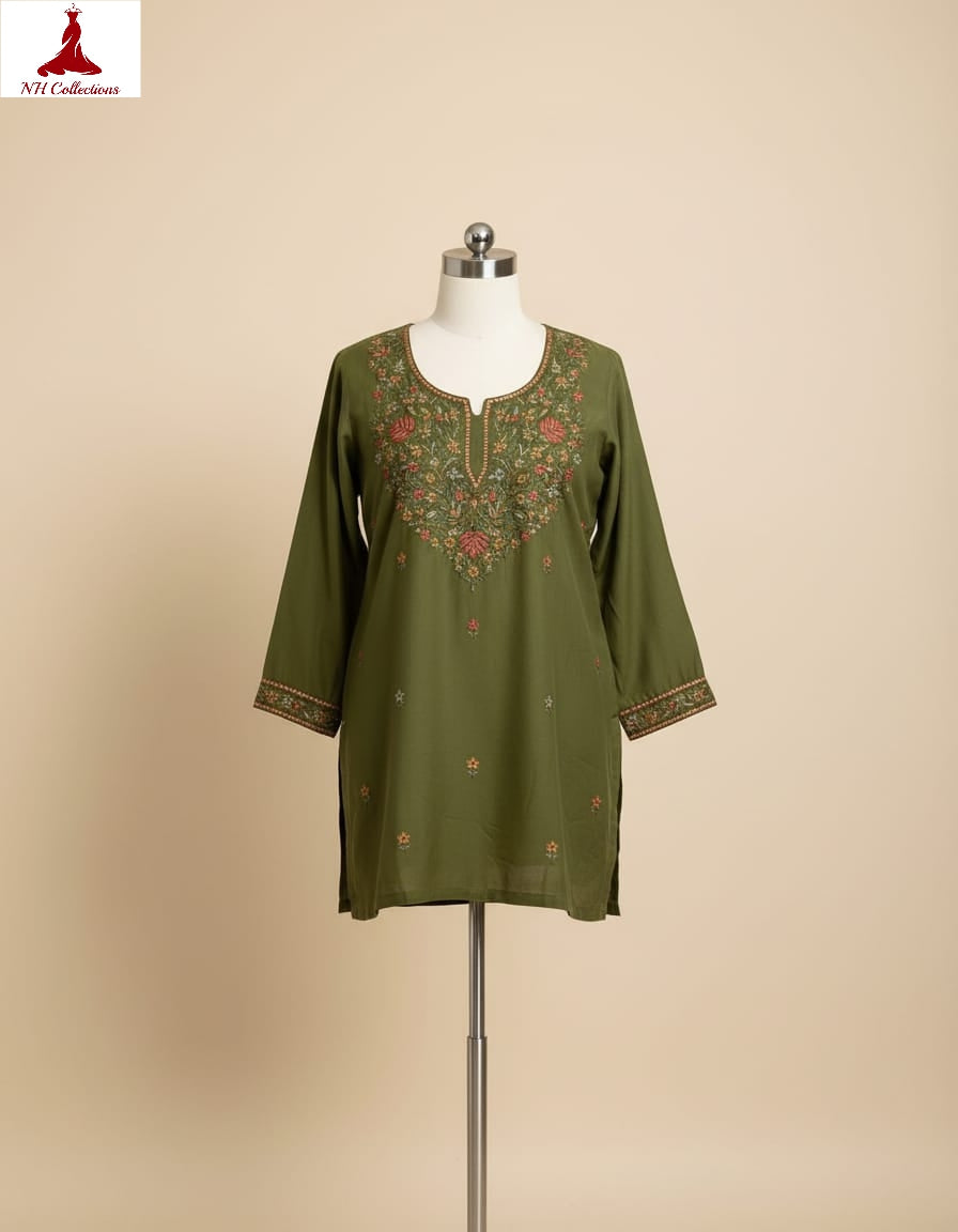 Olive green muslin silk with neck embroidery in XL
