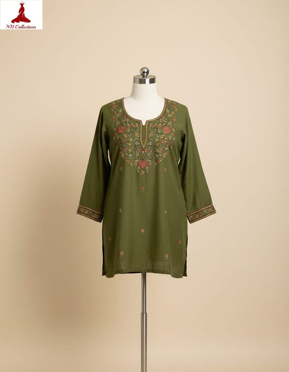 Olive green muslin silk with neck embroidery in XL