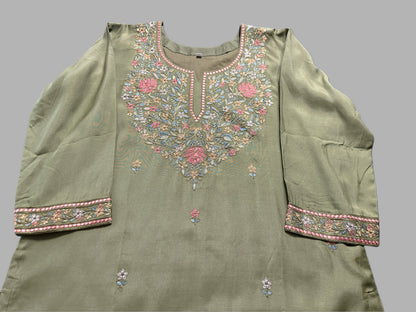 Olive green muslin silk with neck embroidery in XL