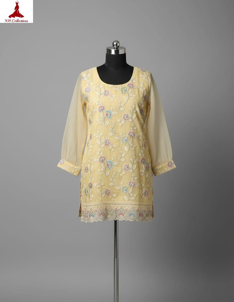Lemon yellow crushed organza with embroidery in 2XL