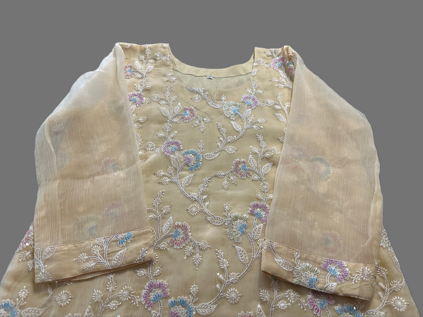 Lemon yellow crushed organza with embroidery in 2XL
