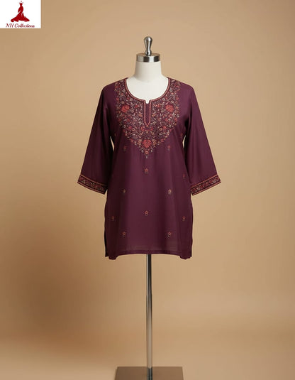 Wine muslin silk with neck embroidery in 2XL