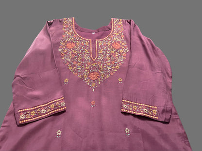 Wine muslin silk with neck embroidery in 2XL