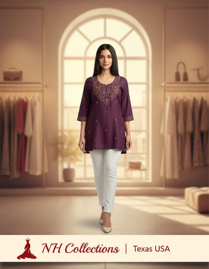 Wine muslin silk with neck embroidery in 2XL