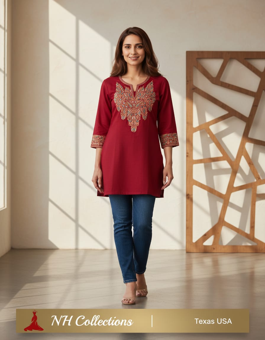 Women's Red cotton top with Tilla work in S