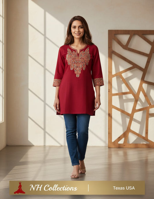 Women's Red cotton top with Tilla work in S