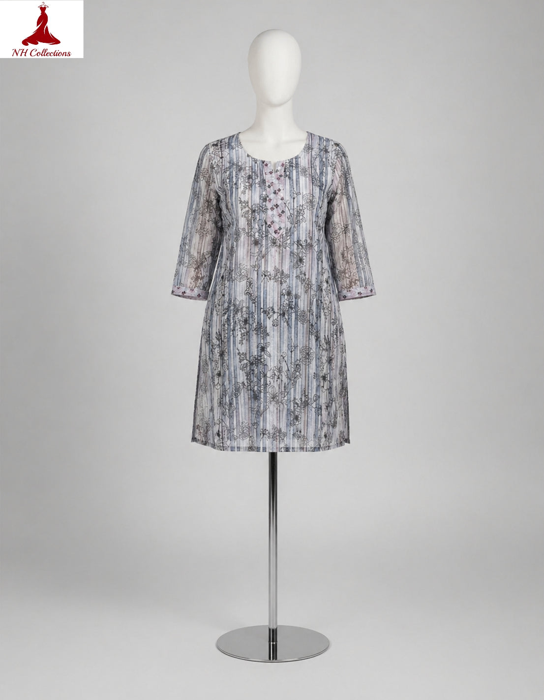 Women's Grey strip printed cotton top in M