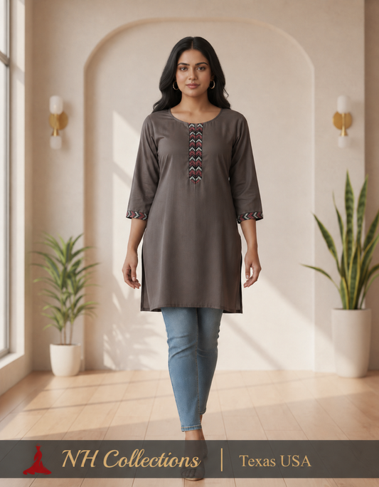 Women's Brown Cotton Top with Lace Detail Neckline & Sleeves in M
