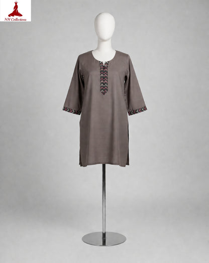 Women's Brown Cotton Top with Lace Detail Neckline & Sleeves in M