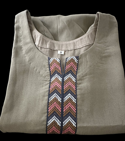 Women's Brown Cotton Top with Lace Detail Neckline & Sleeves in M