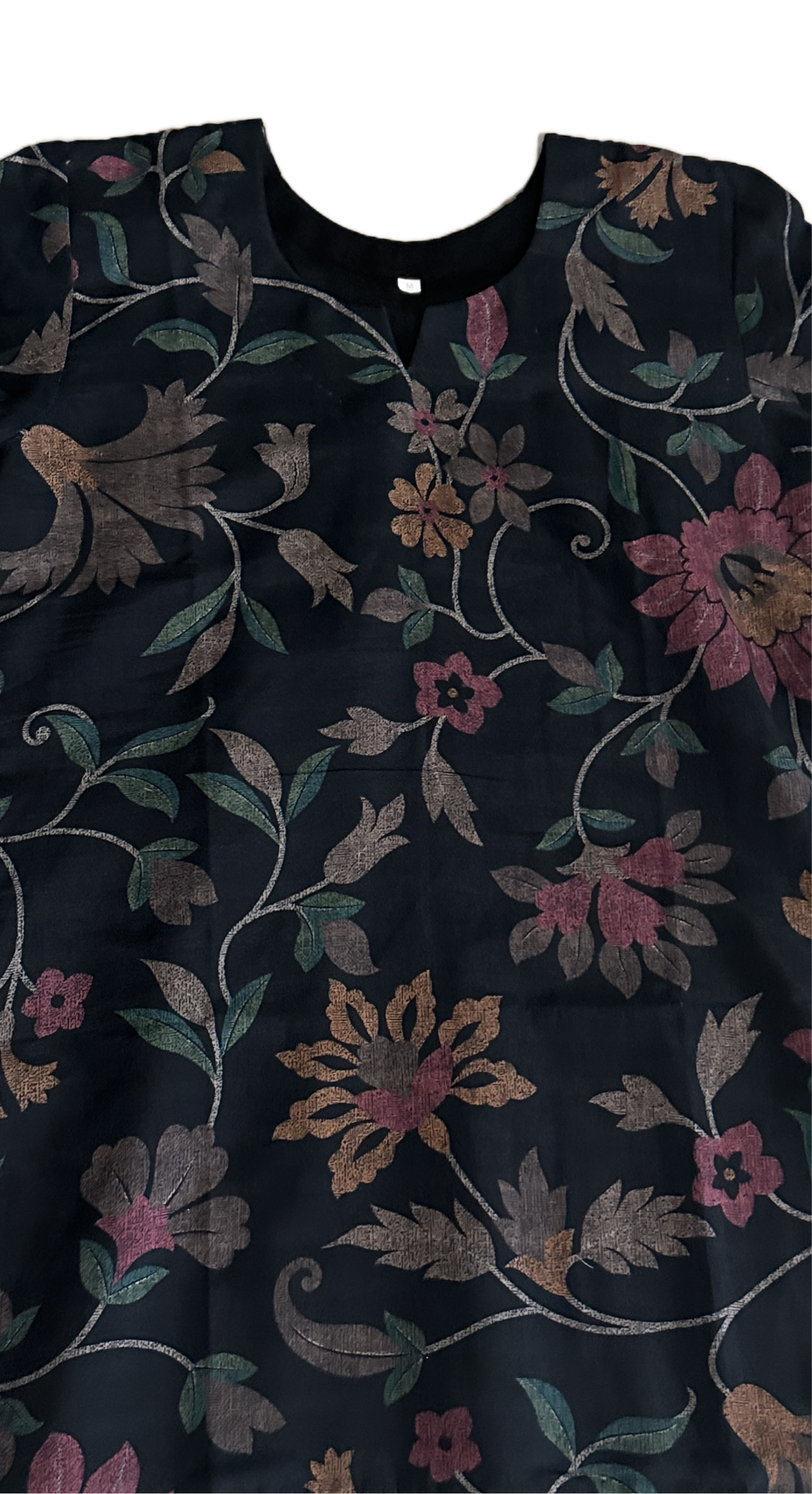 Women's Black floral printed muslin silk top in M
