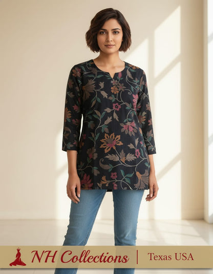 Women's Black floral printed muslin silk top in M