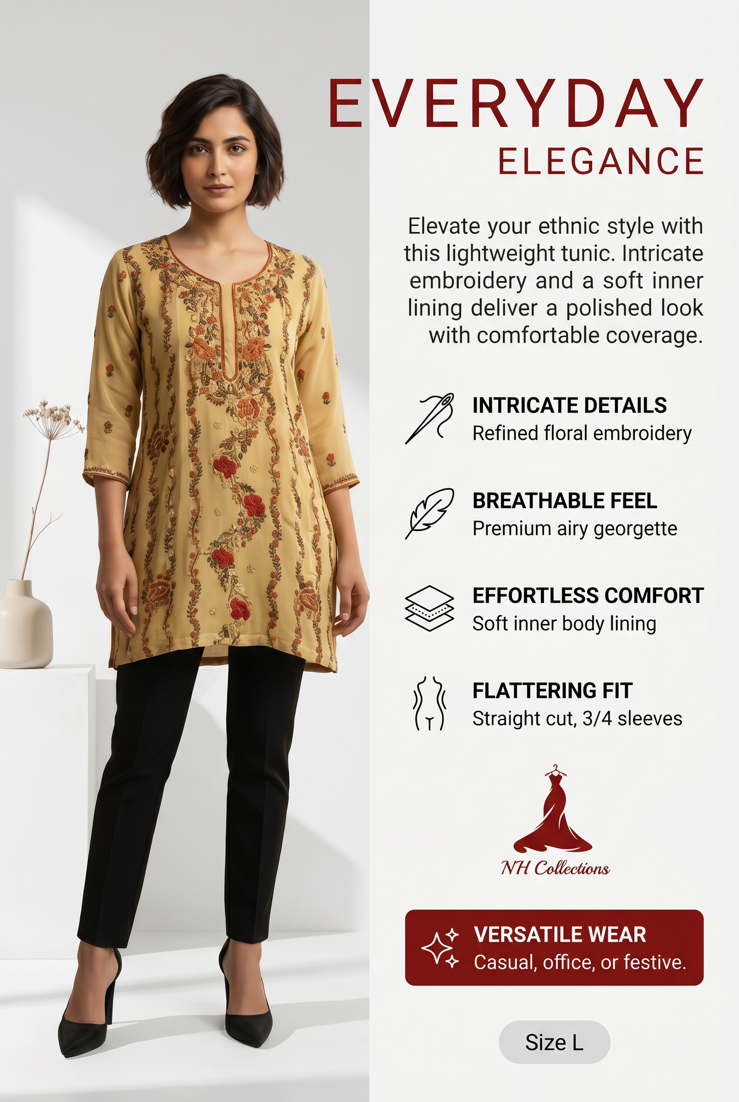 Women's mustard georgette top with embroidery in L