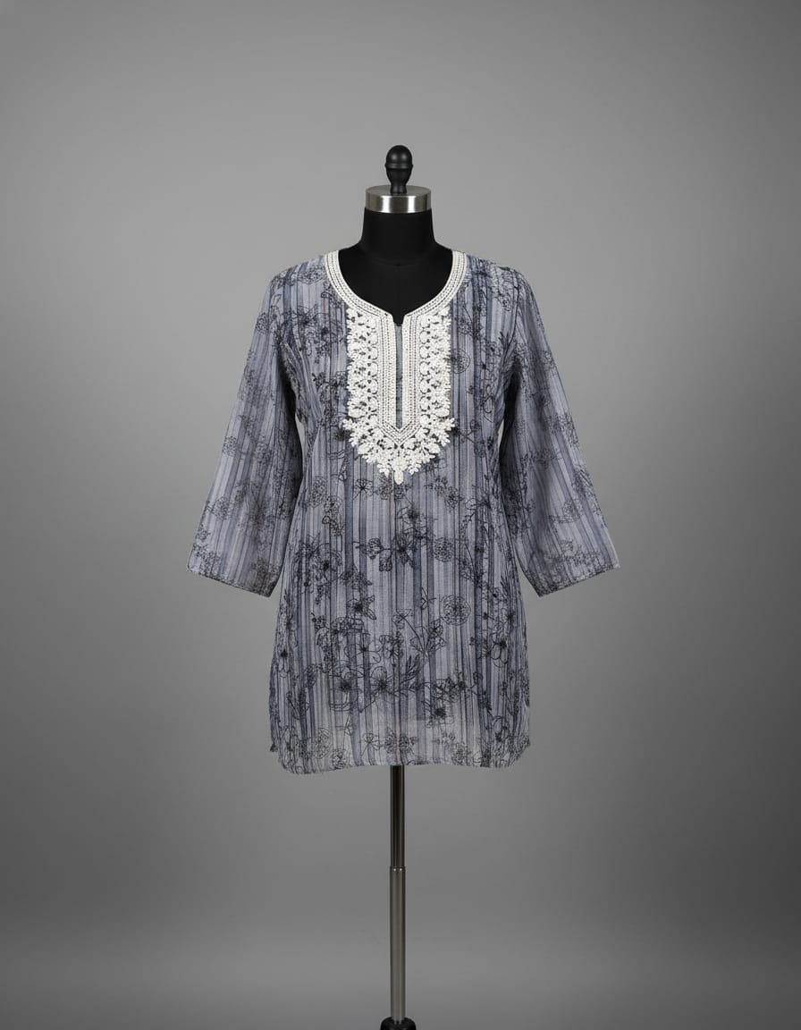 Women's steel grey linen cotton top with neck embroidery in L