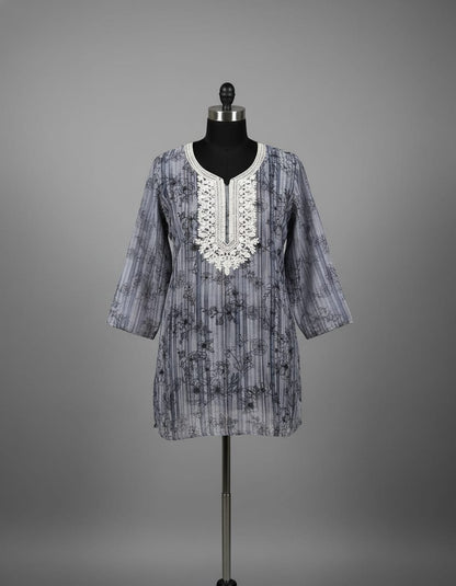 Women's steel grey linen cotton top with neck embroidery in L
