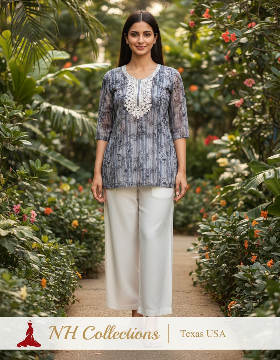 Women's steel grey linen cotton top with neck embroidery in L