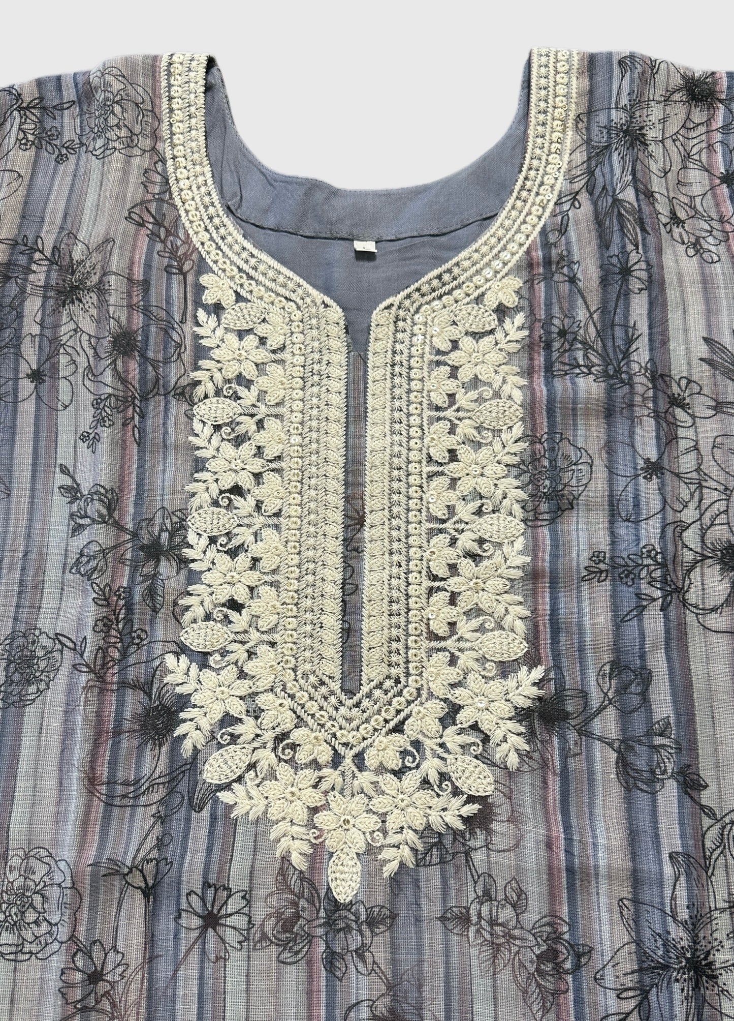 Women's steel grey linen cotton top with neck embroidery in L