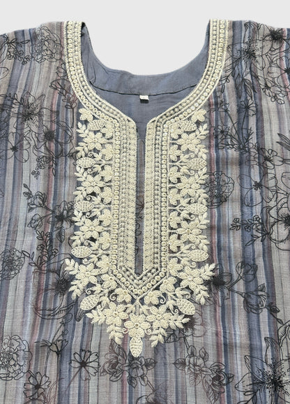 Women's steel grey linen cotton top with neck embroidery in L