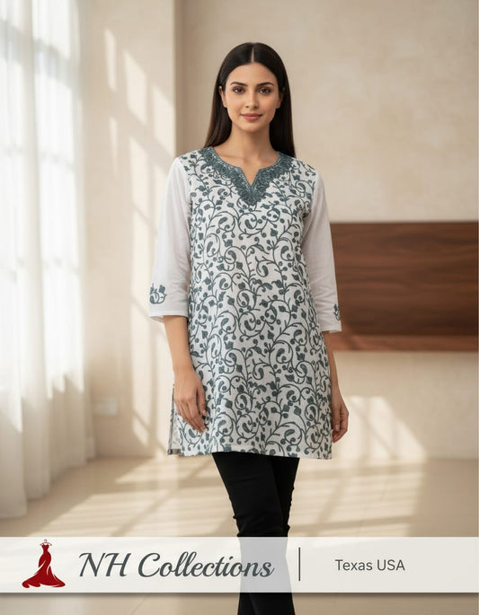 Women's light grey crushed cotton top with Kashmiri aari work in L