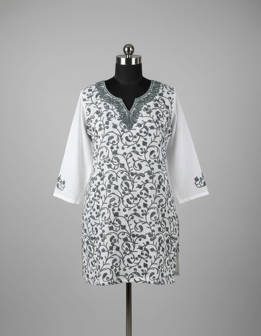 Women's light grey crushed cotton top with Kashmiri aari work in L