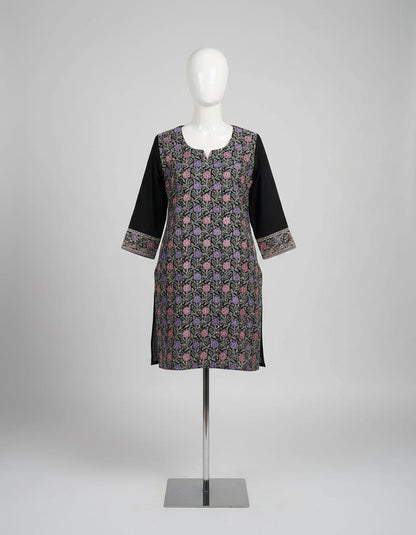 Women's black georgette top with intricate thread embroidery in L