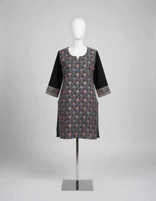Women's black georgette top with intricate thread embroidery in L