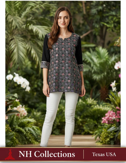 Women's black georgette top with intricate thread embroidery in L