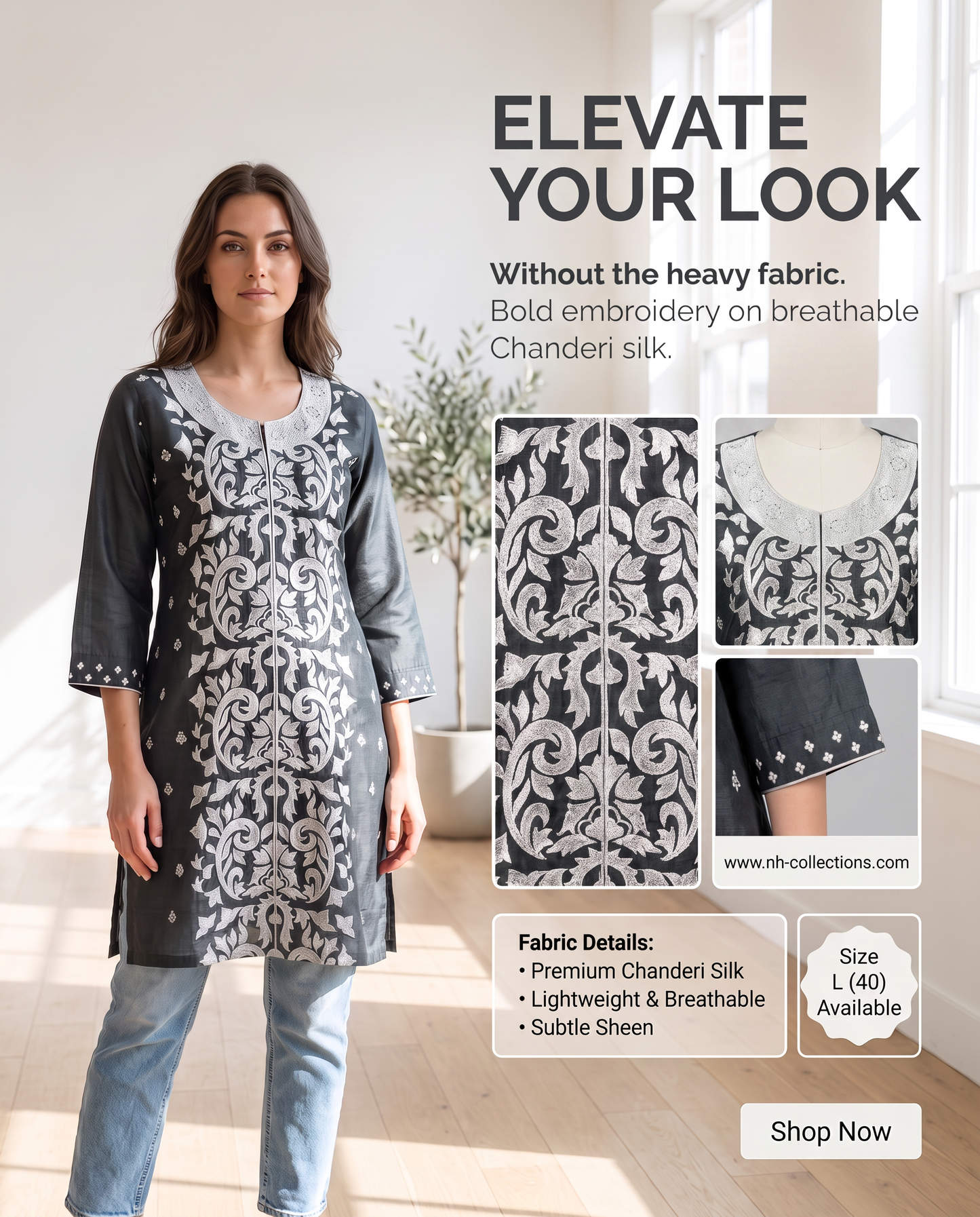 Women's dark grey chanderi silk tunic with bold white embroidery in L