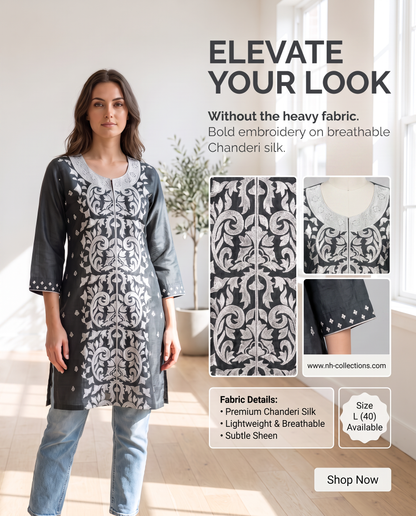 Women's dark grey chanderi silk tunic with bold white embroidery in L