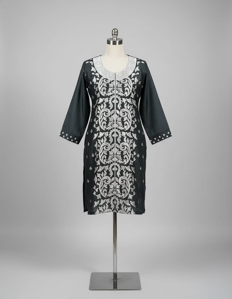 Women's dark grey chanderi silk tunic with bold white embroidery in L