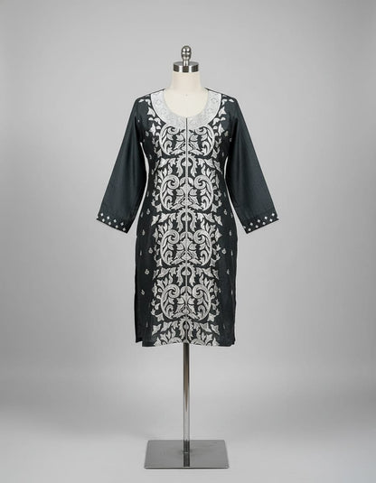 Women's dark grey chanderi silk tunic with bold white embroidery in L