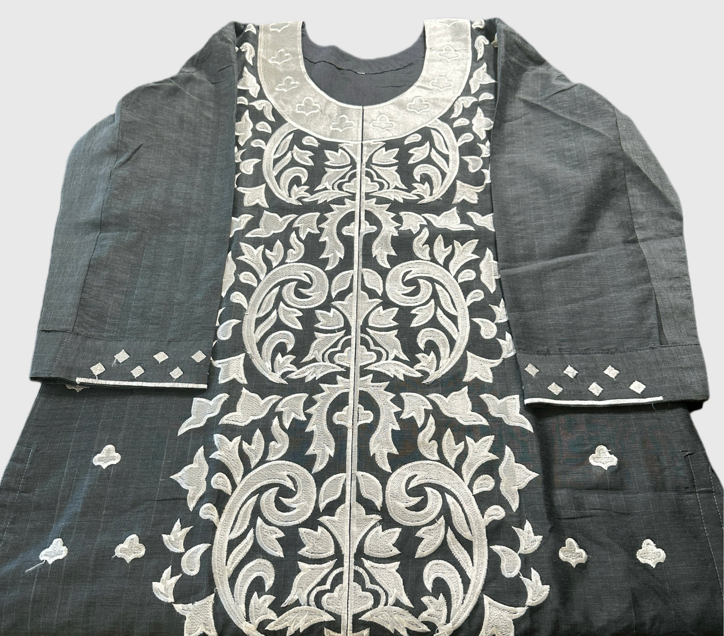 Women's dark grey chanderi silk tunic with bold white embroidery in L